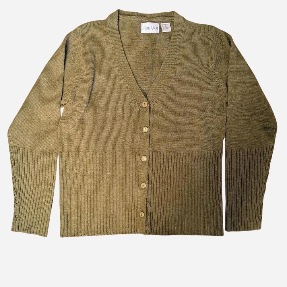 1990s Marla Kim Olive Green Cable Knit Cardigan Sweater Vintage  Large
